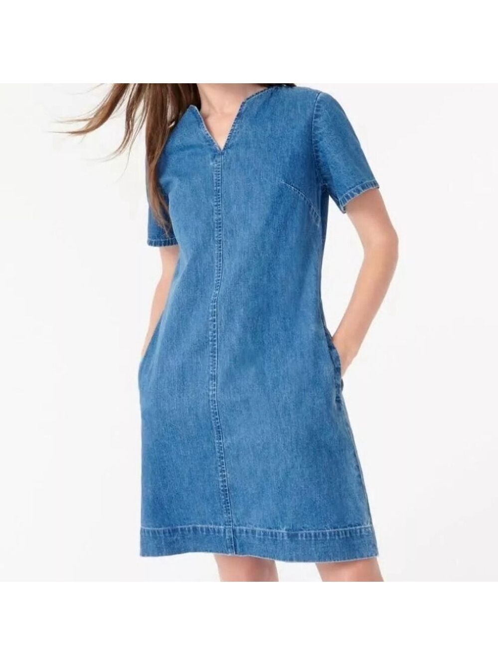 J Crew Denim V-neck shift dress Size 00 blue cotton pockets